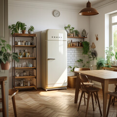 Chic Kitchen Interior in Scandinavian Style with Modern Refrigerator