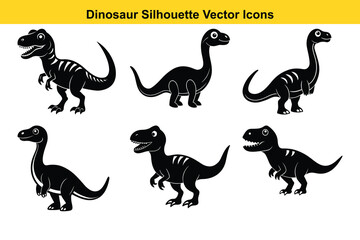 Funny and Cute Dinosaur Set with Silhouettes and Wild Animal Cartoon Illustrations.