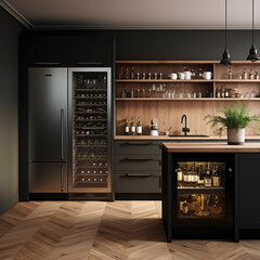 Elegant Scandinavian Kitchen With Wine Refrigerator