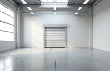 Obraz premium Modern empty warehouse interior with roller door. Industrial building with polished concrete floor, bright ceiling lights. Warehouse background for product placement, business concept. Commercial