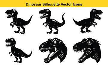 Funny and Cute Dinosaur Set with Silhouettes and Wild Animal Cartoon Illustrations.