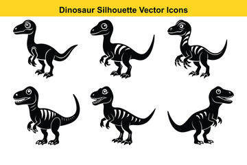 Funny and Cute Dinosaur Set with Silhouettes and Wild Animal Cartoon Illustrations.