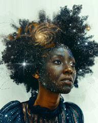 Celestial African Woman with Cosmic Afro and Ethereal Gown