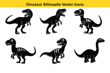 Funny and Cute Dinosaur Set with Silhouettes and Wild Animal Cartoon Illustrations.