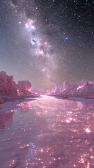 Surreal Night Scene with Golden Waterfalls and Luminous Particles