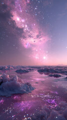 Enchanting Fantasy Scene with Pink Waterfalls and Starry Sky