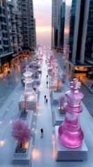 Cyberpunk City with Glass Chess Pieces from Above