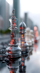 Drone View of Cyberpunk City with Glass Chess Pieces