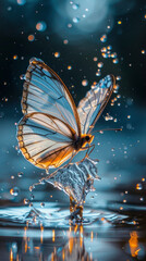 Minimalist Butterfly Skimming over Water with Splashes