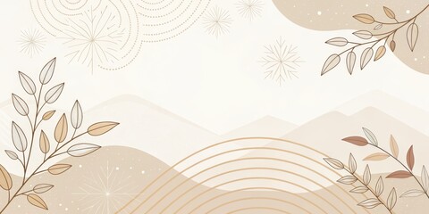 Abstract Beige Landscape Line Art Leaves, Rainbow and Stars, minimalist art, nature art