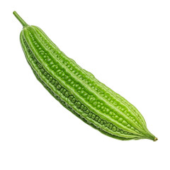A vibrant green bitter melon, showcasing its bumpy texture and unique form against a clean white background.
