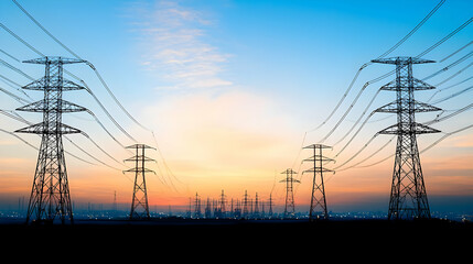Silhouette Power Lines At Sunset Over Cityscape