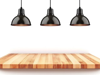 Obraz premium Modern pendant lamps over wooden countertop for stylish kitchen decor