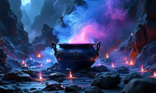 Mystical Cauldron in Enchanted Cave | Cosmic Fantasy Energy Ritual in 4K, Enter a surreal fantasy world where a mystical cauldron glows with cosmic energy inside a magical cave. Surrounded by floati


