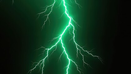 Electric green lightning bolts crackling against deep black background. Striking contrast symbolizes power energy. Dynamic display of fury illumination. Angular, jagged aesthetic for design art.