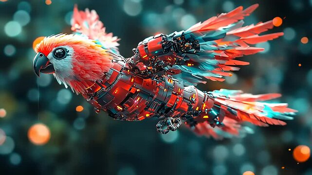 Mechanical parrot in flight, vibrant colors.