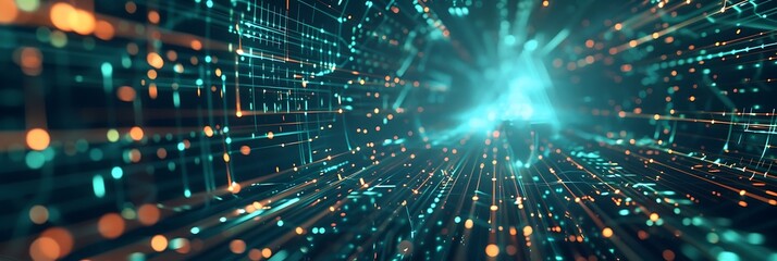 Fototapeta premium Abstract futuristic data tunnel with glowing teal light streams and particles converging towards a central point. High-speed technology, network concept. 