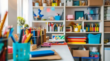 Colorful and organized art supplies (pencils, paper, paints) on shelves and desk in a bright craft room or classroom. Represents creativity, art, education.
