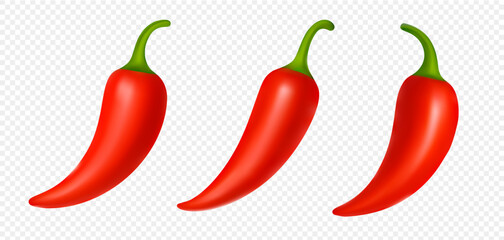Vector illustration of three glossy red chili peppers with green stems, isolated on transparent background. Perfect for spicy food concepts, cooking designs, health food labels, and packaging.