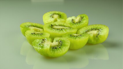 Vibrant kiwi slices on reflective surface highlighting their juicy green flesh and striking texture Perfect for food blogs and wellness designs