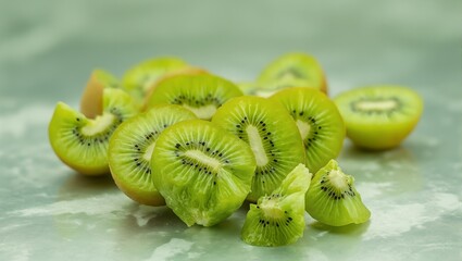 Vibrant kiwi slices on reflective surface highlighting their juicy green flesh and striking texture Perfect for food blogs and wellness designs