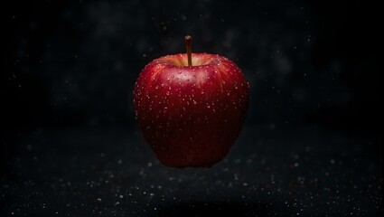 A mesmerizing red apple hovering in the air adorned with glistening water droplets set against a dark and moody backdrop