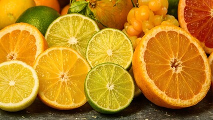 Vibrant citrus medley including lemon lime and grapefruit slices in sharp detail against a dark slate backdrop