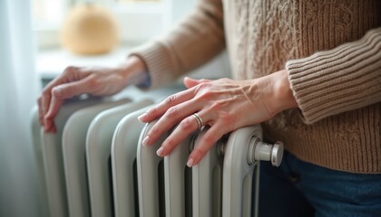 Person warms hands on radiator. Cold indoor climate. Winter heating issues, high utility bills, energy saving. Concept of household costs, rising energy prices. Financial crisis, fuel problem.
