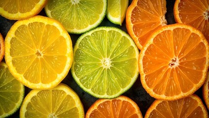 Fototapeta premium Vibrant citrus medley including lemon lime and grapefruit slices in sharp detail against a dark slate backdrop