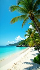 Tropical beach with palm trees and clear turquoise water, warm, serene