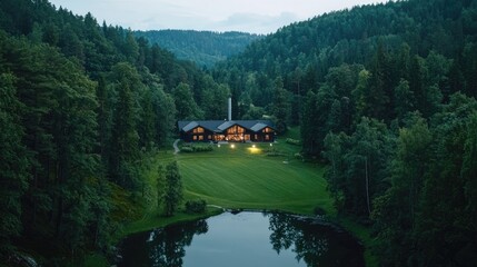 Luxurious secluded lodge nestled in a lush forest, overlooking a serene lake.  Modern, dark-timbered architecture blends seamlessly with nature