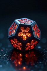 Obraz premium Dark metallic hexagonal prism with intricate patterns, glowing softly in low light, metal, dark, hexagonal