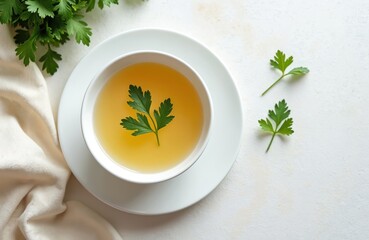 Homemade chicken broth bowl with fresh parsley leaves. Healthy soup with bone broth on white plate. Diet food, rich in collagen. Top view, copy space for food ads, recipes.