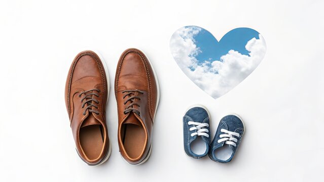 Pair of adult and child shoes with heart-shaped cloud on a white background, representing family and love. Concept of parenthood and unity