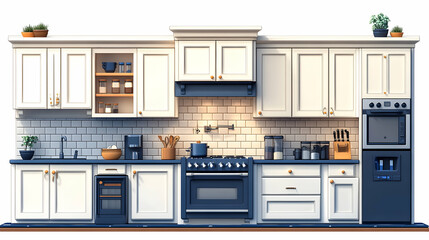 Fototapeta premium Elegant kitchen featuring white cabinetry blue accents tiled backsplash various appliances and potted plants