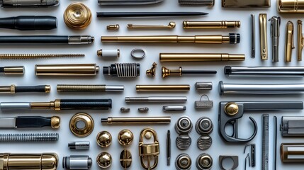 Fototapeta premium Metallic components, various shapes and sizes, arranged on a white surface. A collection of meticulously crafted parts, showcasing diverse metal finishes