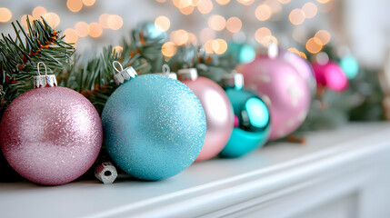 Pastel christmas ornaments on mantelpiece festive winter holiday decorations