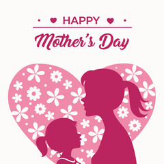 Stylized Pink Mother’s Day Vector Floral Heart with Mom and Child Silhouette