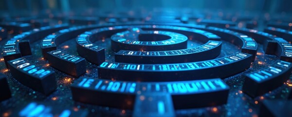 Digital Bitcoin labyrinth. Abstract crypto concept challenges in crypto business. 3D render artwork of maze, sphere, binary code data, futuristic design. Fintech innovation, financial technology