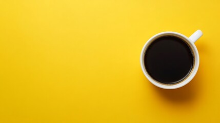 Cup of black coffee on yellow background, top view with copy space