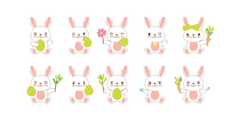 Obraz premium rabbit, bunny, easter, cartoon, animal, illustration, vector, baby, hare, holiday, cute, fun, set, art, design, spring, pattern, seamless, pink, pet, toy, drawing, happy, egg, character