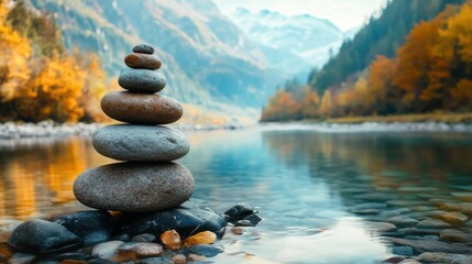 Balanced pile of rocks by clear river and autumn mountains. Tranquil nature scene with photorealistic detail