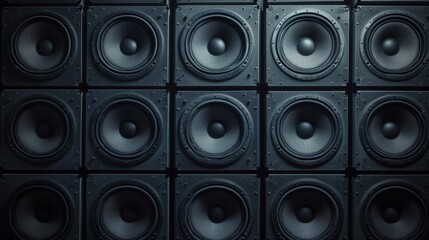 Wall of professional subwoofers in grid pattern. Front view with textured speaker cones and matte black enclosures