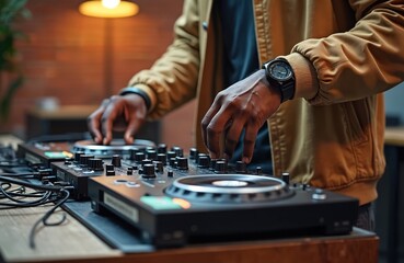 Modern black man adjusts sound on dj set in studio, loft. Male deejay turning mixers, creating music. Hipster, home. Entertainment, leisure, skill. Technology, audio, modern job.