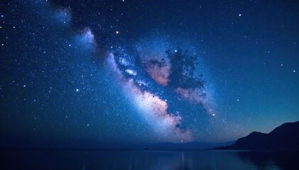 Fototapeta premium Milky Way galaxy with stars and celestial objects in a deep blue background, astrophysics, space, galaxy