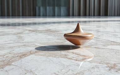 A spinning wooden top on a light beige marble floor, reflecting warm sunlight. The background features blurred vertical lines, suggesting a modern interior