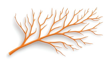 Stylized Orange Tree Branch with Twisting Twigs and Detailed Texture on a White Background