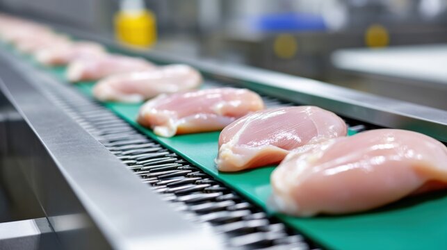 Raw chicken fillets lined up and passing through a quality check conveyor, clean food line, poultry processing, hygienic handling