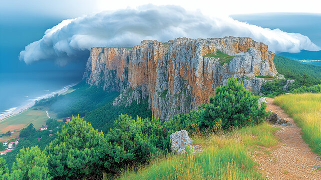Scenic view of a towering cliffside near a beach under a cloudy sky captured from an adjacent hillside path with verdan