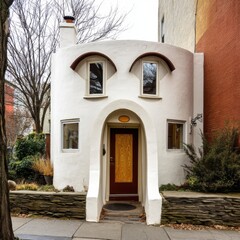 Obraz premium Small house with windows resembling expressive eyes and curved doorway shaped like a smile, warm whimsical vibe